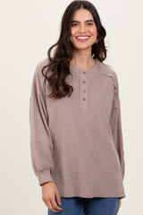 Beige Oversized Ribbed Knit Henley Sweater