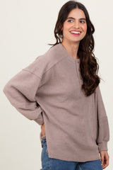 Beige Oversized Ribbed Knit Henley Sweater