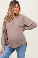 Beige Oversized Ribbed Knit Henley Maternity Sweater