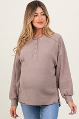 Beige Oversized Ribbed Knit Henley Maternity Sweater