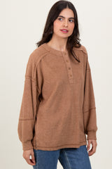 Camel Oversized Ribbed Knit Henley Sweater