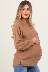 Camel Oversized Ribbed Knit Henley Maternity Sweater