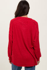 Red Oversized Ribbed Knit Henley Sweater