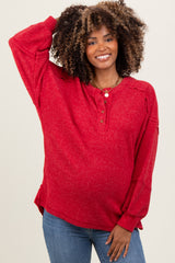 Red Oversized Ribbed Knit Henley Maternity Sweater