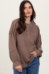 Mocha Oversized Ribbed Knit Henley Maternity Sweater