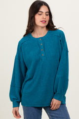 Teal Oversized Ribbed Knit Henley Sweater