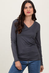 Charcoal Brushed Knit V-Neck Long Sleeve Maternity Top