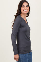 Charcoal Brushed Knit V-Neck Long Sleeve Top