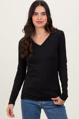 Black Brushed Knit V-Neck Long Sleeve Maternity Top