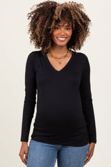 Black Brushed Knit V-Neck Long Sleeve Maternity Top