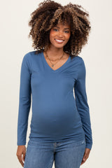 Blue Brushed Knit V-Neck Long Sleeve Maternity Top