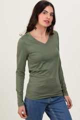 Olive Brushed Knit V-Neck Long Sleeve Top