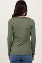 Olive Brushed Knit V-Neck Long Sleeve Top