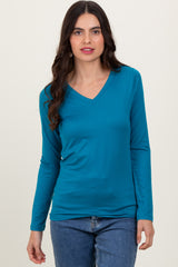 Teal Brushed Knit V-Neck Long Sleeve Maternity Top