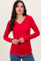 Red Brushed Knit V-Neck Long Sleeve Top