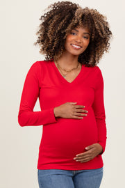 Red Brushed Knit V-Neck Long Sleeve Maternity Top