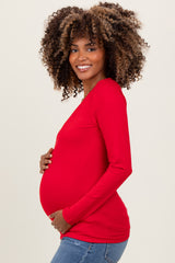 Red Brushed Knit V-Neck Long Sleeve Maternity Top