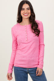 Fuchsia Ribbed Knit Button Long Sleeve Top