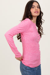 Fuchsia Ribbed Knit Button Long Sleeve Top