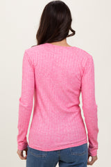 Fuchsia Ribbed Knit Button Long Sleeve Top