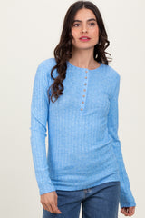 Blue Ribbed Knit Button Long Sleeve Top