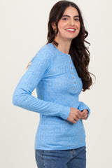 Blue Ribbed Knit Button Long Sleeve Top