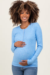 Blue Ribbed Knit Button Long Sleeve Maternity Top