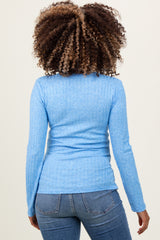 Blue Ribbed Knit Button Long Sleeve Maternity Top