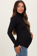 Black Brushed Knit Basic Turtleneck Maternity Top