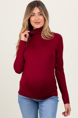 Burgundy Brushed Knit Basic Turtleneck Maternity Top