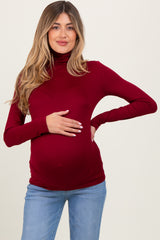 Burgundy Brushed Knit Basic Turtleneck Maternity Top