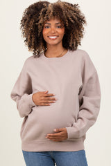 Beige Basic Fleece Crewneck Maternity Sweatshirt