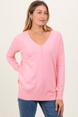 Peach Front Seam V-Neck Side Slit Sweater