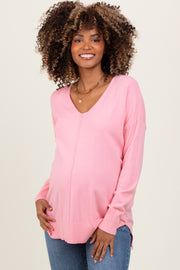 Peach Front Seam V-Neck Side Slit Maternity Sweater