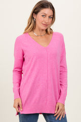 Pink Coral Front Seam V-Neck Side Slit Sweater