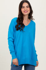 Aqua Front Seam V-Neck Side Slit Sweater