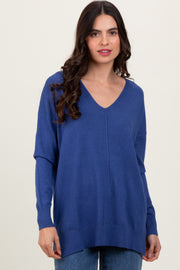 Light Navy Front Seam V-Neck Side Slit Sweater