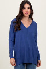 Light Navy Seam V-Neck Side Slit Maternity Sweater