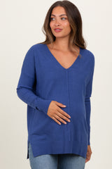 Light Navy Seam V-Neck Side Slit Maternity Sweater