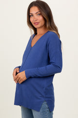 Light Navy Seam V-Neck Side Slit Maternity Sweater