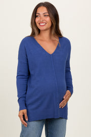 Light Navy Seam V-Neck Side Slit Maternity Sweater