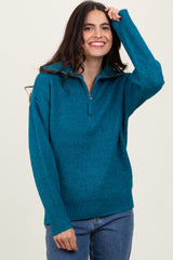 Deep Teal Half Zip Maternity Pullover Sweater