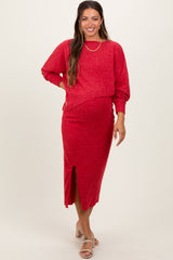 Red Ribbed Knit Asymmetric Top Midi Skirt Maternity Set