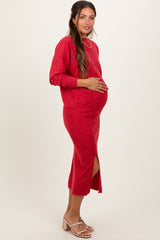 Red Ribbed Knit Asymmetric Top Midi Skirt Maternity Set