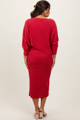 Red Ribbed Knit Asymmetric Top Midi Skirt Maternity Set