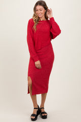 Red Ribbed Knit Asymmetric Top Midi Skirt Maternity Set