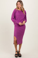 Plum Ribbed Knit Asymmetric Top Midi Skirt Maternity Set