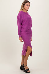 Plum Ribbed Knit Asymmetric Top Midi Skirt Set