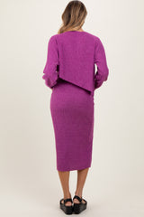 Plum Ribbed Knit Asymmetric Top Midi Skirt Set