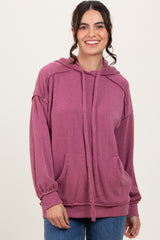 Mauve Ribbed Front Pocket Drawstring Hoodie